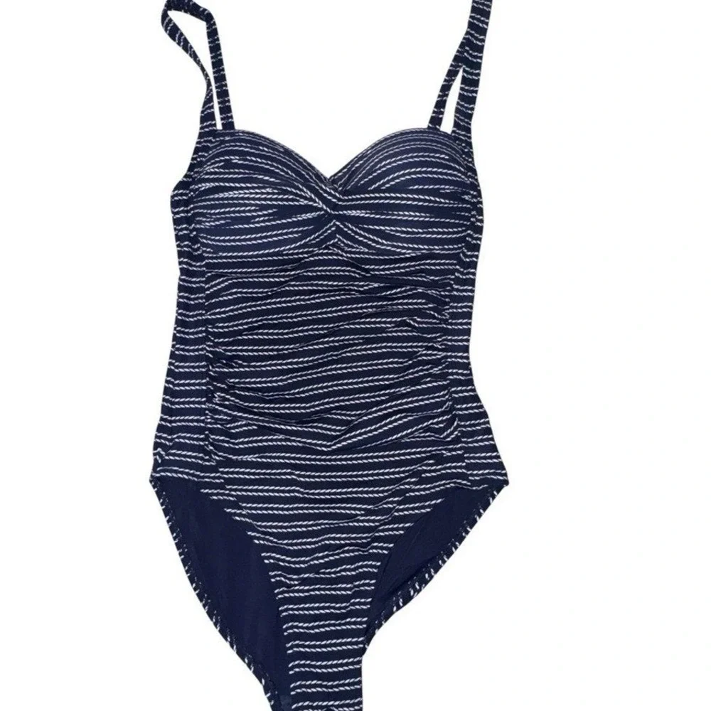 Niptick Navy coastal grandma nautical Striped One-Piece Swimsuit Bustier Style 8
